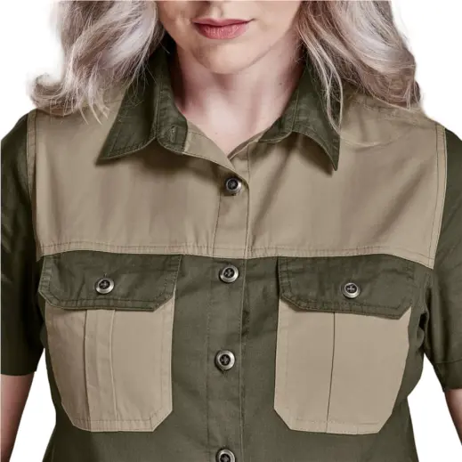 Ladies Short Sleeve Serengeti 2-Tone Bush Shirt Military Green Close Up